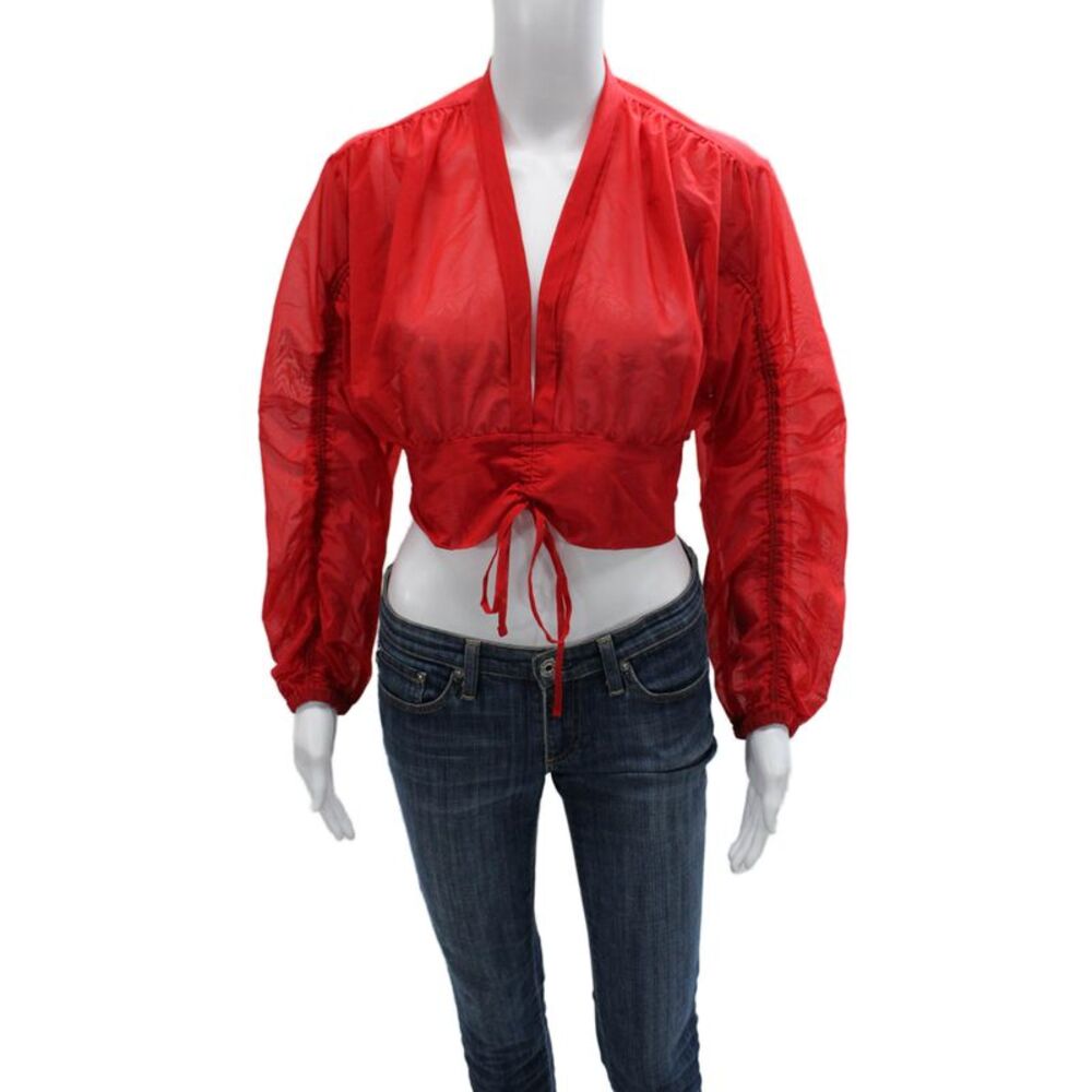 Michi Women Cropped Blouse Red V-Neck Tie Long Sleeve Solid 73% Polyamide Size S